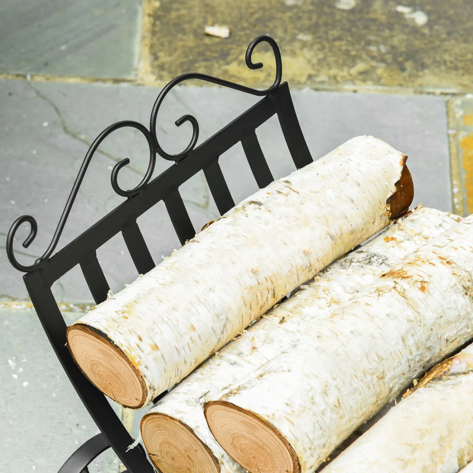 23" Curved Firewood Log Rack, Scroll Design, Indoor Outdoor, Black Firewood Racks at Gallery Canada