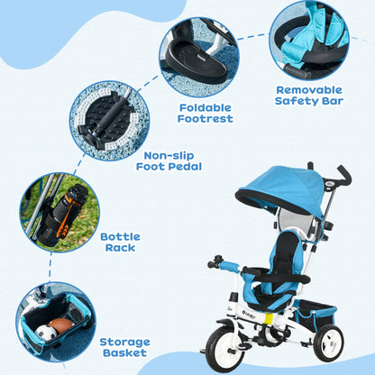 6 in 1 Toddler Tricycle Stroller, Basket, Canopy, 5-Point Harness, 12-60 Months, Blue Tricycles for Kids at Gallery Canada