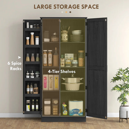 70" Tall Kitchen Pantry Cabinet, Adjustable Shelves, Black Wood Grain, Black Kitchen Pantry Cabinets at Gallery Canada