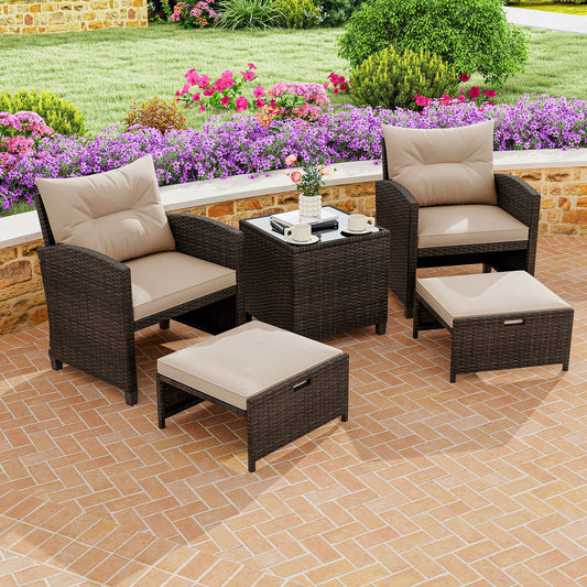 5PCS Outdoor Rattan Conversation Set, 2 Ottoman Stools, Glass Side Table, Beige Patio Conversation Sets Beige at Gallery Canada