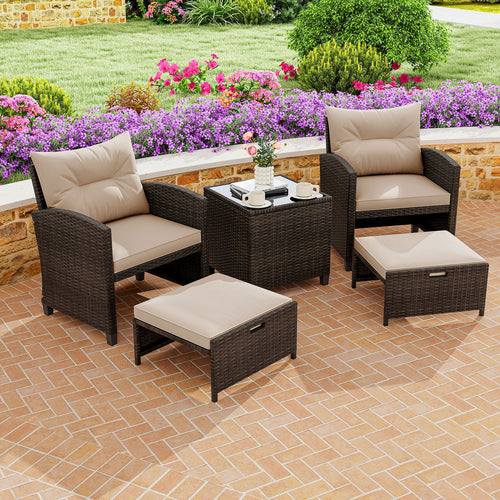 5PCS Outdoor Rattan Conversation Set, 2 Ottoman Stools, Glass Side Table, Beige