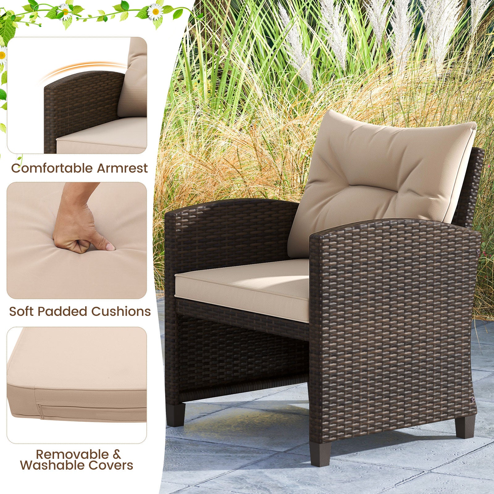 5PCS Outdoor Rattan Conversation Set, 2 Ottoman Stools, Glass Side Table, Beige Patio Conversation Sets at Gallery Canada