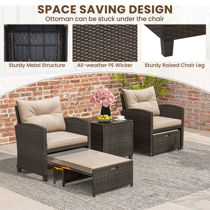 5PCS Outdoor Rattan Conversation Set, 2 Ottoman Stools, Glass Side Table, Beige Patio Conversation Sets at Gallery Canada