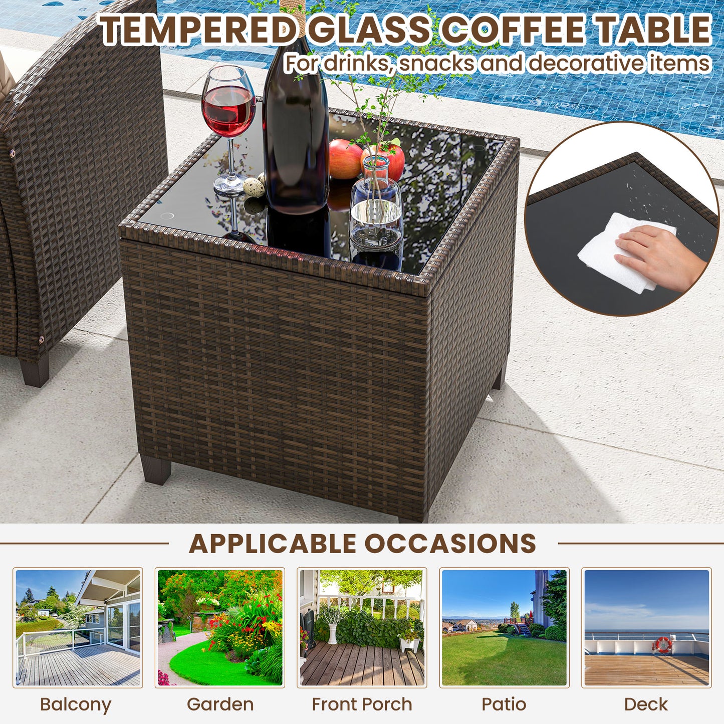 5PCS Outdoor Rattan Conversation Set, 2 Ottoman Stools, Glass Side Table, Beige Patio Conversation Sets at Gallery Canada