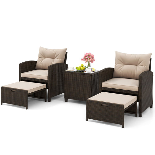 5PCS Outdoor Rattan Conversation Set, 2 Ottoman Stools, Glass Side Table, Beige