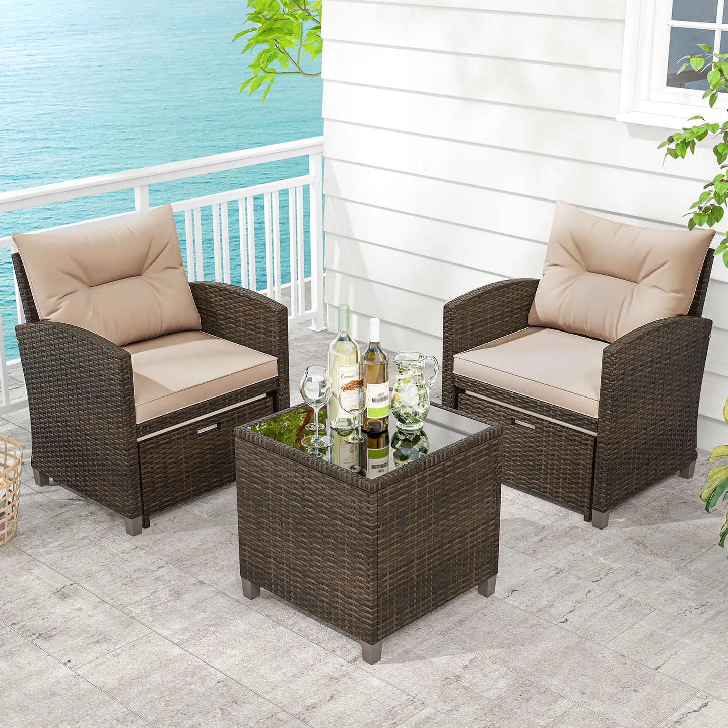 5PCS Outdoor Rattan Conversation Set, 2 Ottoman Stools, Glass Side Table, Beige Patio Conversation Sets at Gallery Canada