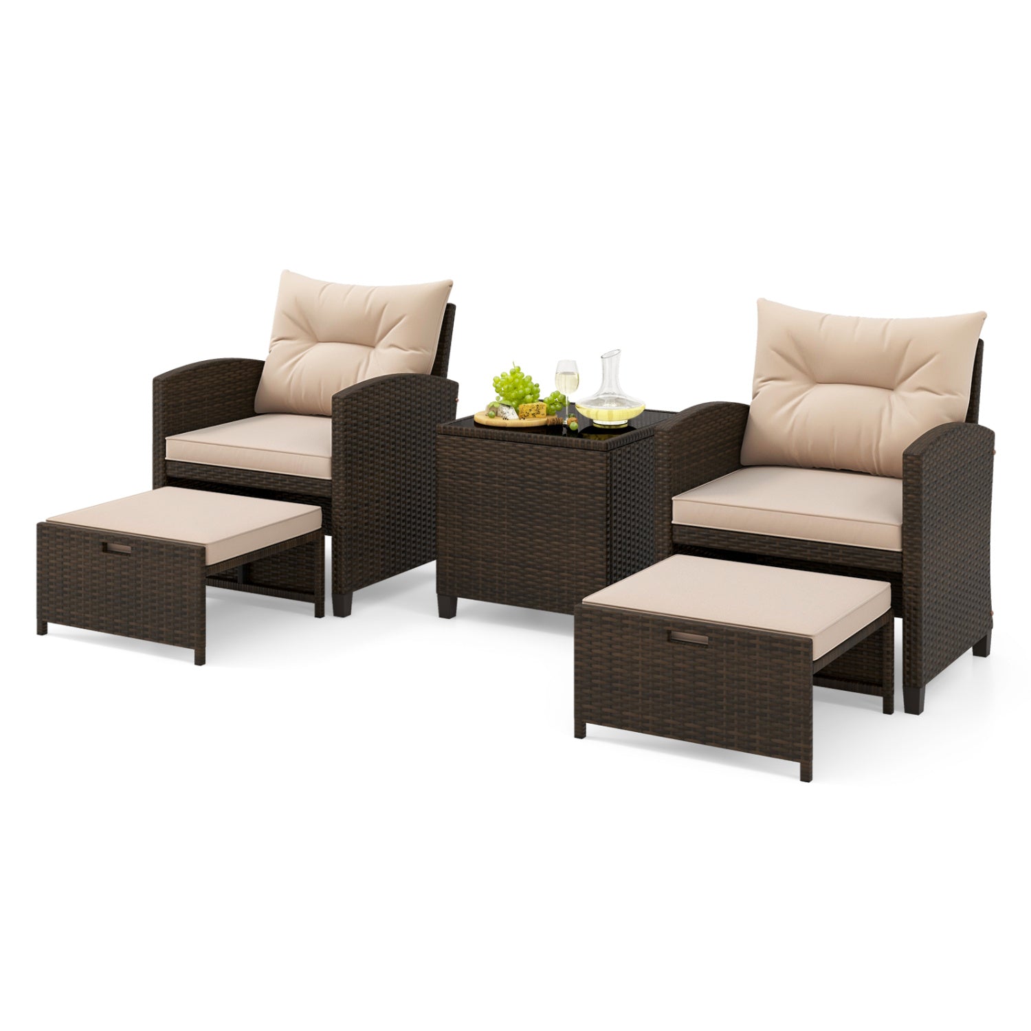 5PCS Outdoor Rattan Conversation Set, 2 Ottoman Stools, Glass Side Table, Beige Patio Conversation Sets at Gallery Canada