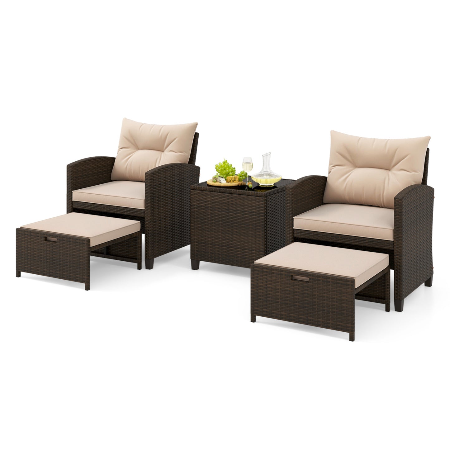 5PCS Outdoor Rattan Conversation Set, 2 Ottoman Stools, Glass Side Table, Beige Patio Conversation Sets at Gallery Canada