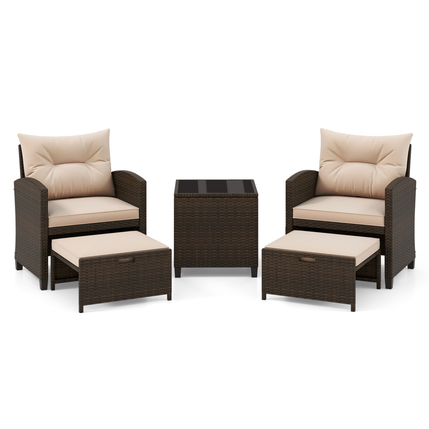 5PCS Outdoor Rattan Conversation Set, 2 Ottoman Stools, Glass Side Table, Beige Patio Conversation Sets at Gallery Canada