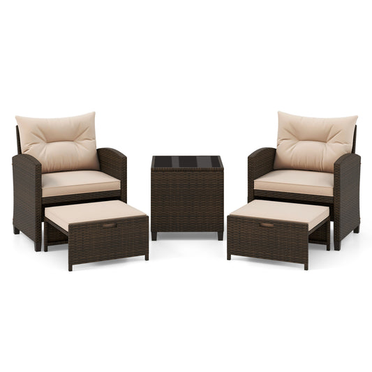 5PCS Outdoor Rattan Conversation Set, 2 Ottoman Stools, Glass Side Table, Beige Patio Conversation Sets Beige at Gallery Canada