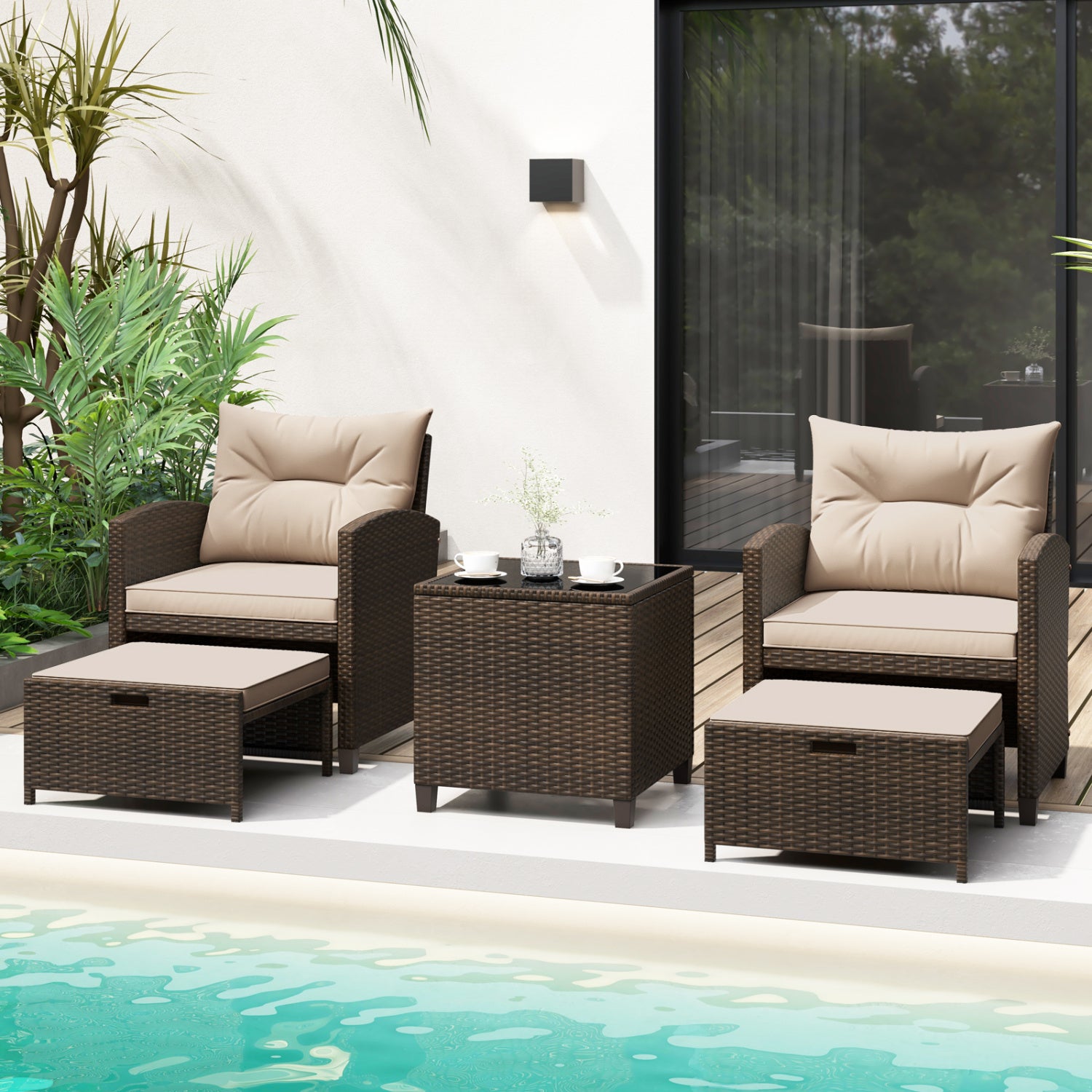 5PCS Outdoor Rattan Conversation Set, 2 Ottoman Stools, Glass Side Table, Beige Patio Conversation Sets at Gallery Canada
