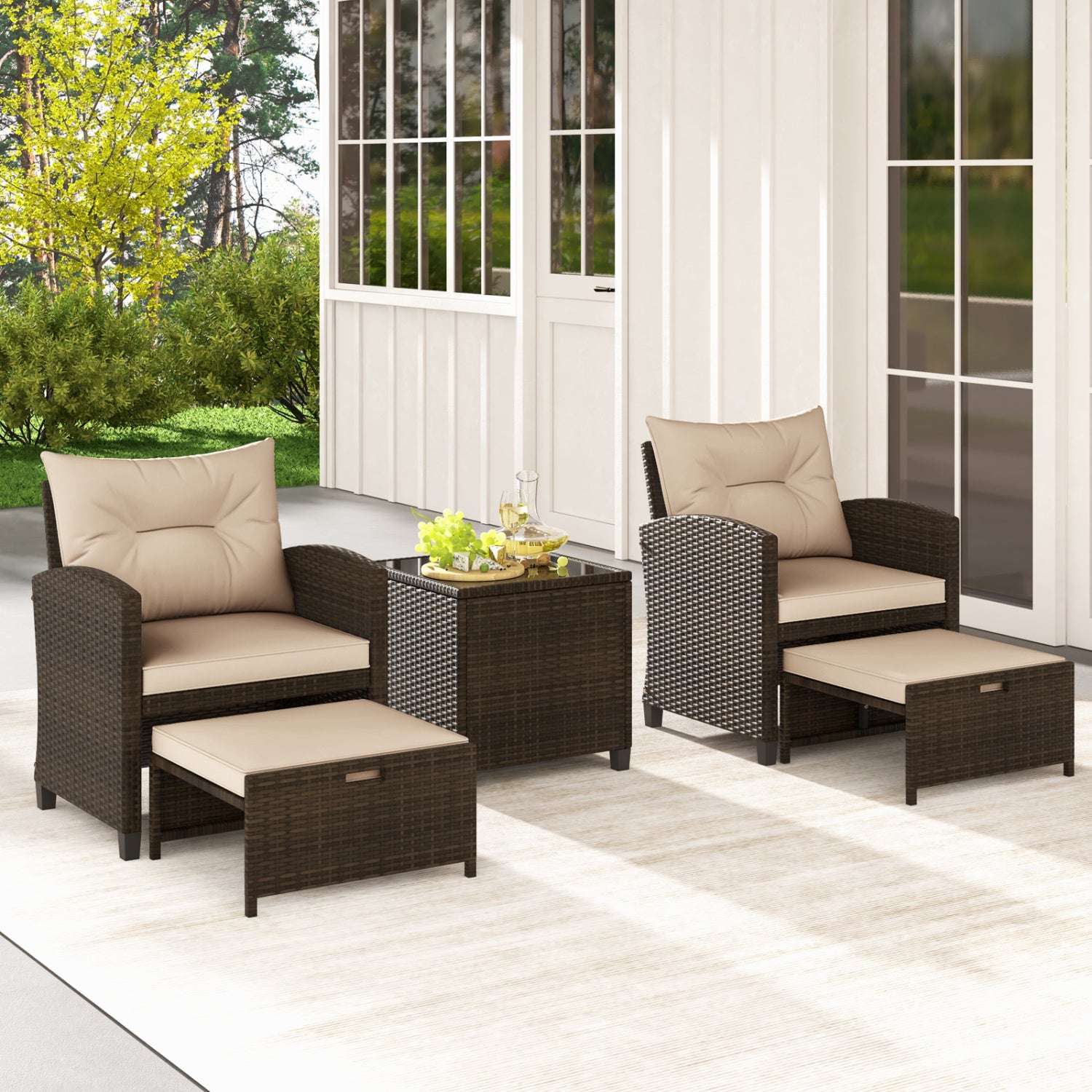 5PCS Outdoor Rattan Conversation Set, 2 Ottoman Stools, Glass Side Table, Beige Patio Conversation Sets at Gallery Canada