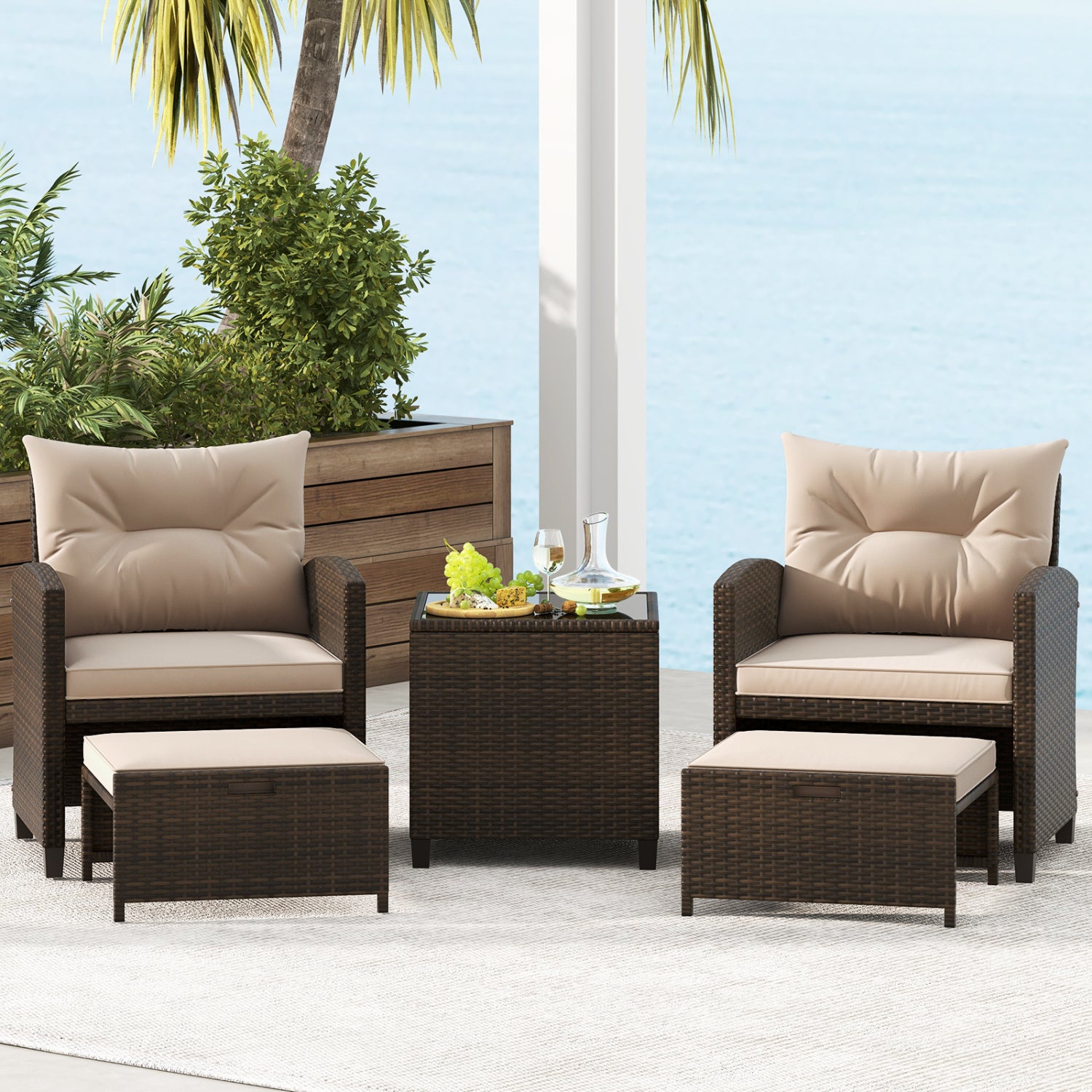 5PCS Outdoor Rattan Conversation Set, 2 Ottoman Stools, Glass Side Table, Beige Patio Conversation Sets at Gallery Canada