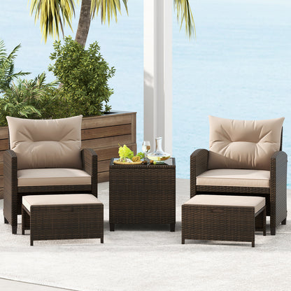 5PCS Outdoor Rattan Conversation Set, 2 Ottoman Stools, Glass Side Table, Beige Patio Conversation Sets at Gallery Canada