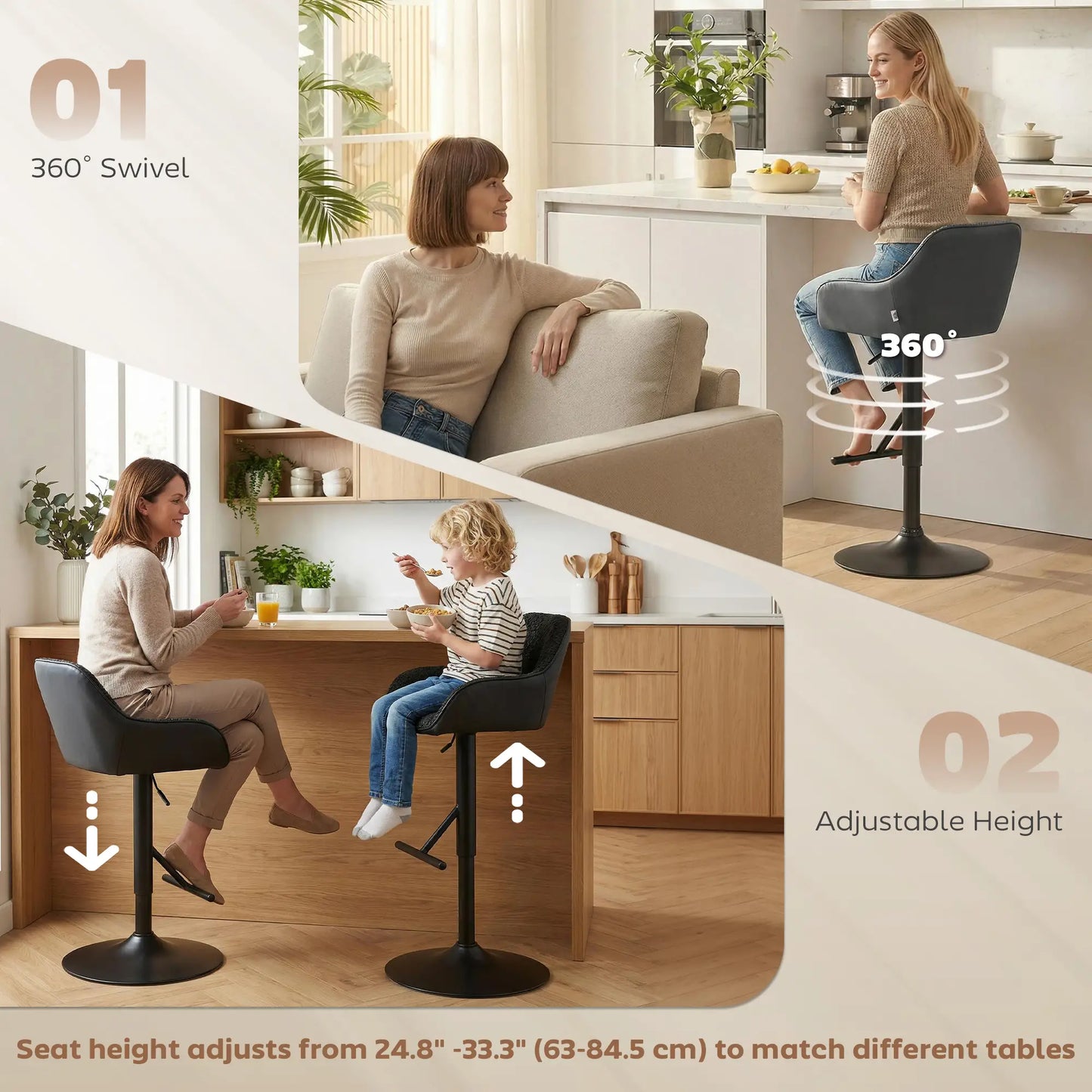 Swivel Counter Height Bar Stools Set of 2, Adjustable Height, Black Bar Stools at Gallery Canada