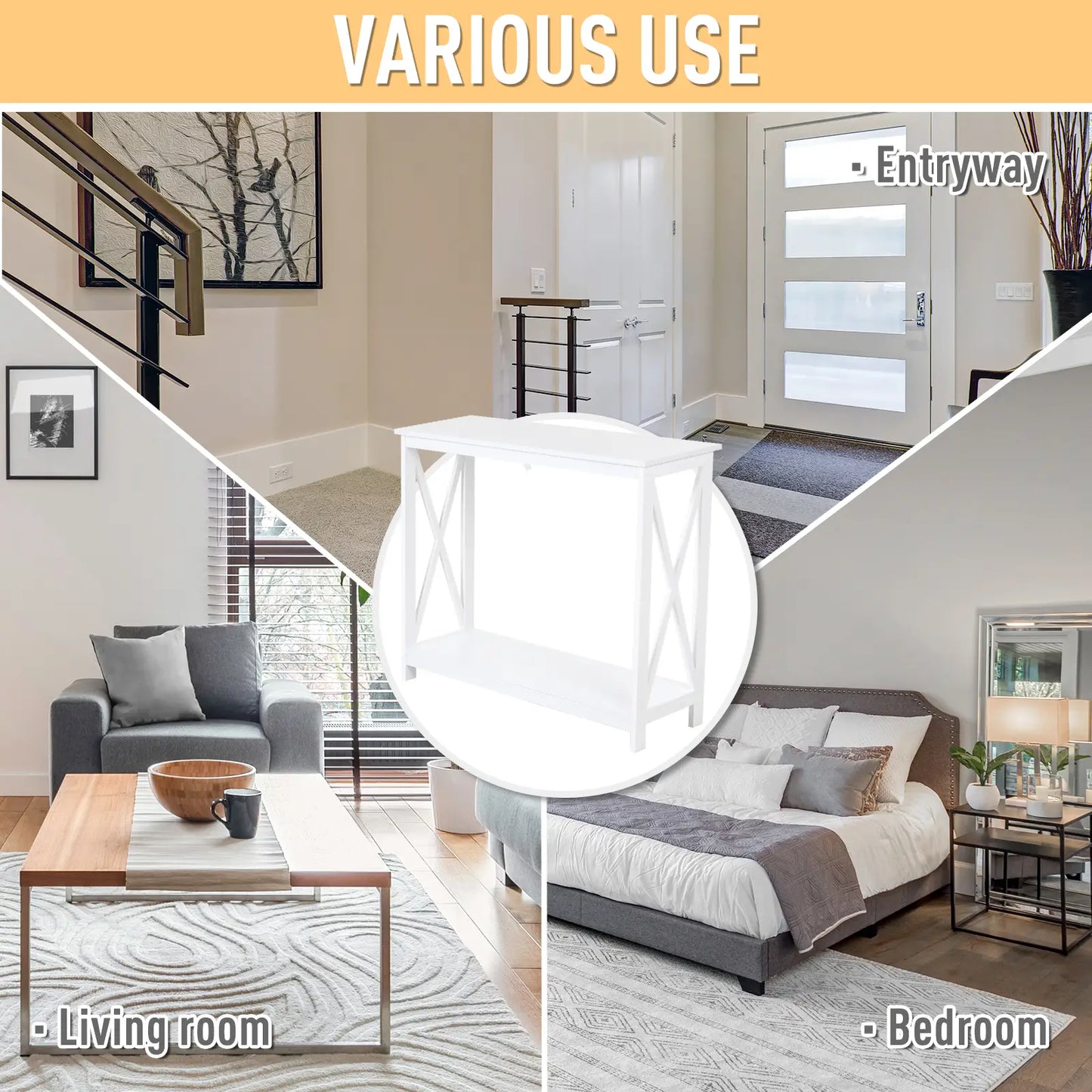 2 Tier X-Design Console Table, Storage Shelf, 24.8 Inch, White Console Tables at Gallery Canada