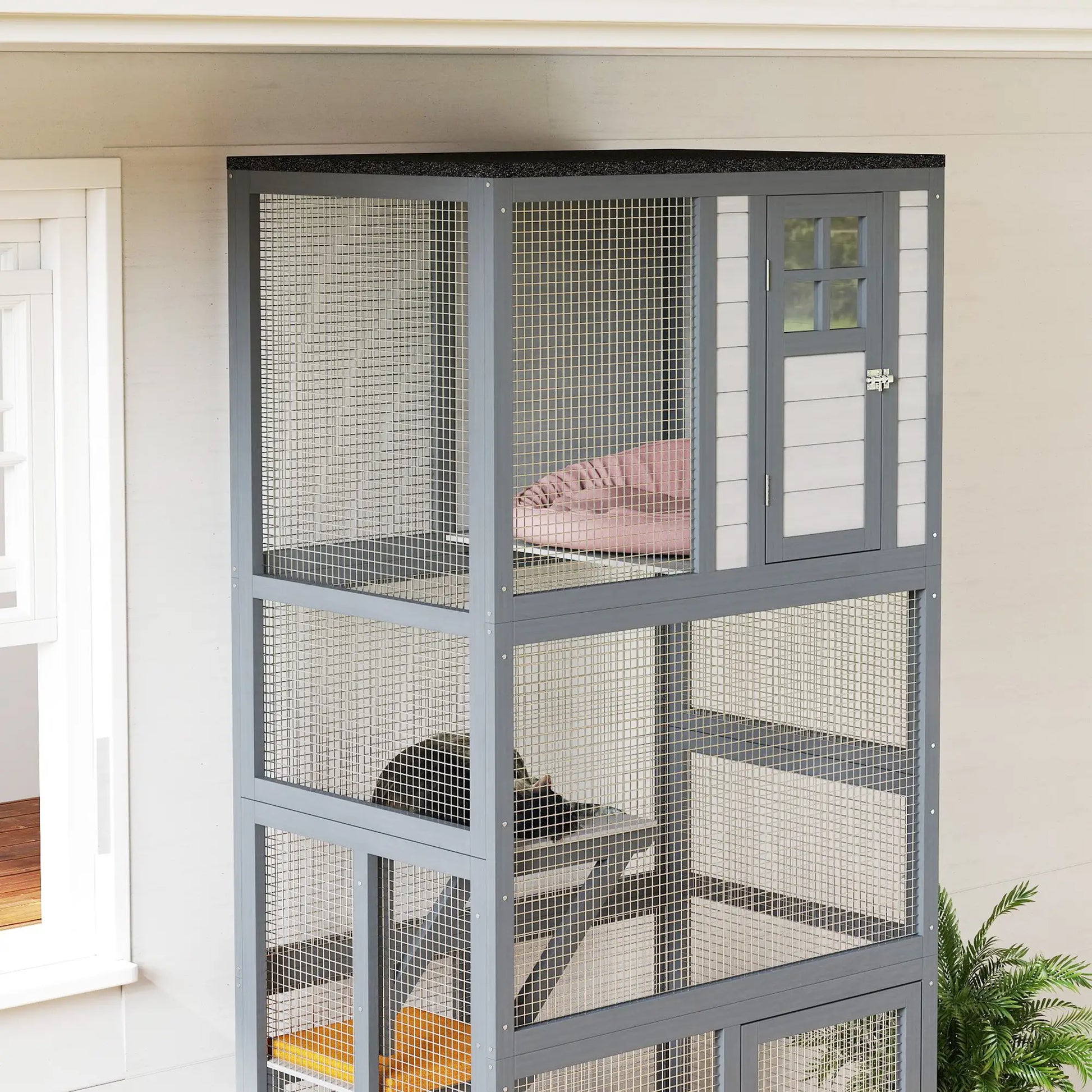 74" Wooden Outdoor Cat House, Weatherproof, Wheeled, Light Grey Outdoor Cat Enclosures at Gallery Canada