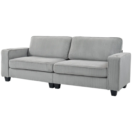 Three Seater Sofa, Fabric Couch with Spring Cushion, Cup Holders, Light Grey