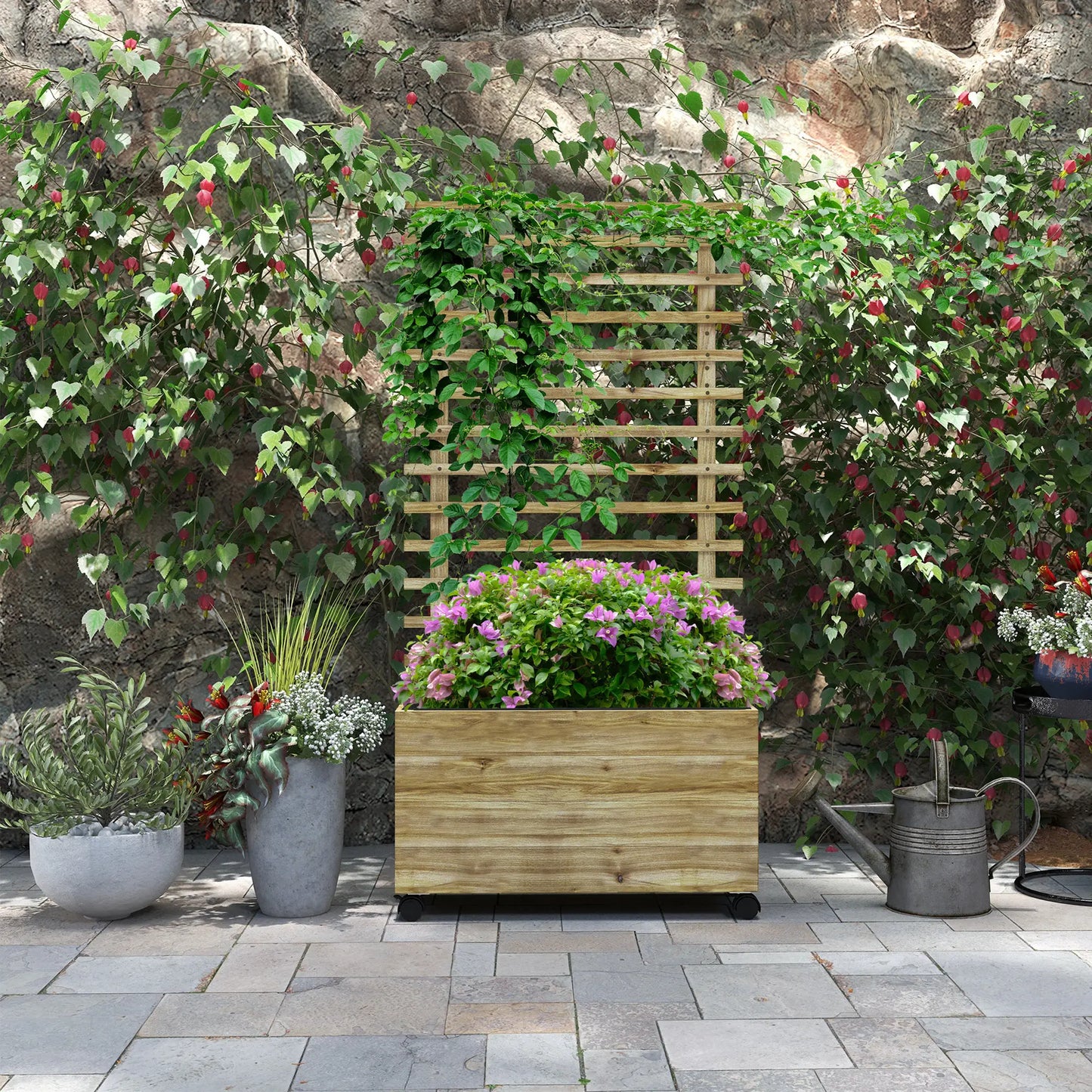 Wooden Planter With Trellis, Raised Garden Bed, 30" x 12" x 61", Nature Wood Wooden Planter Boxes at Gallery Canada
