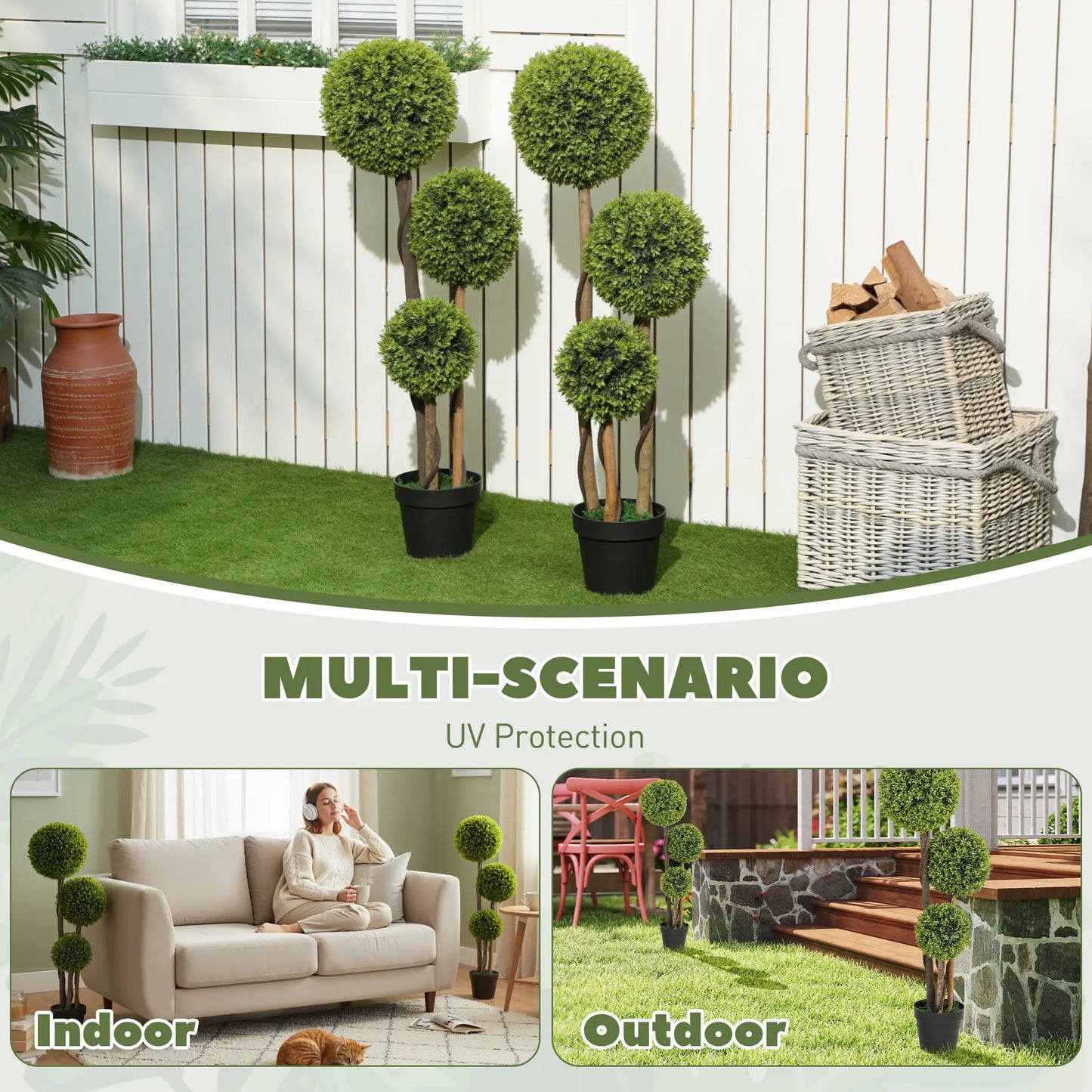 45 Inch Artificial Boxwood Topiary Tree, Set Of 2, Indoor Outdoor, Green Artificial Trees at Gallery Canada