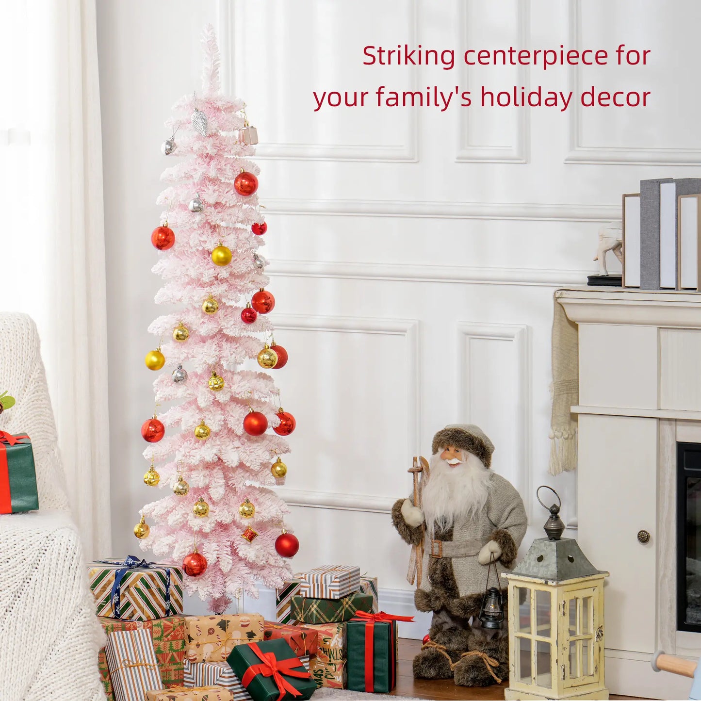 5ft Snow-Flocked Slim Pencil Christmas Tree, 301 Branches, Metal Base, Pink Pencil Christmas Trees at Gallery Canada