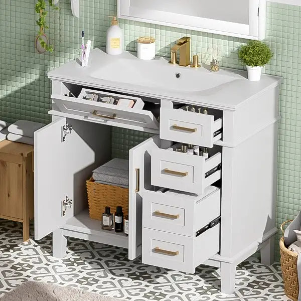 Bathroom Vanity with Ceramic Sink, Soft Close Doors, 4 Drawers, 36
