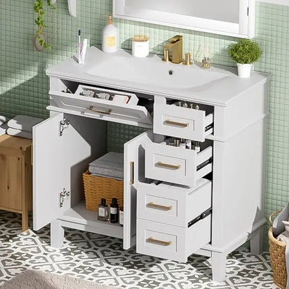 Bathroom Vanity with Ceramic Sink, Soft Close Doors, 4 Drawers, 36" L x 18.5" W x 35" H, White Sink Cabinets at Gallery Canada
