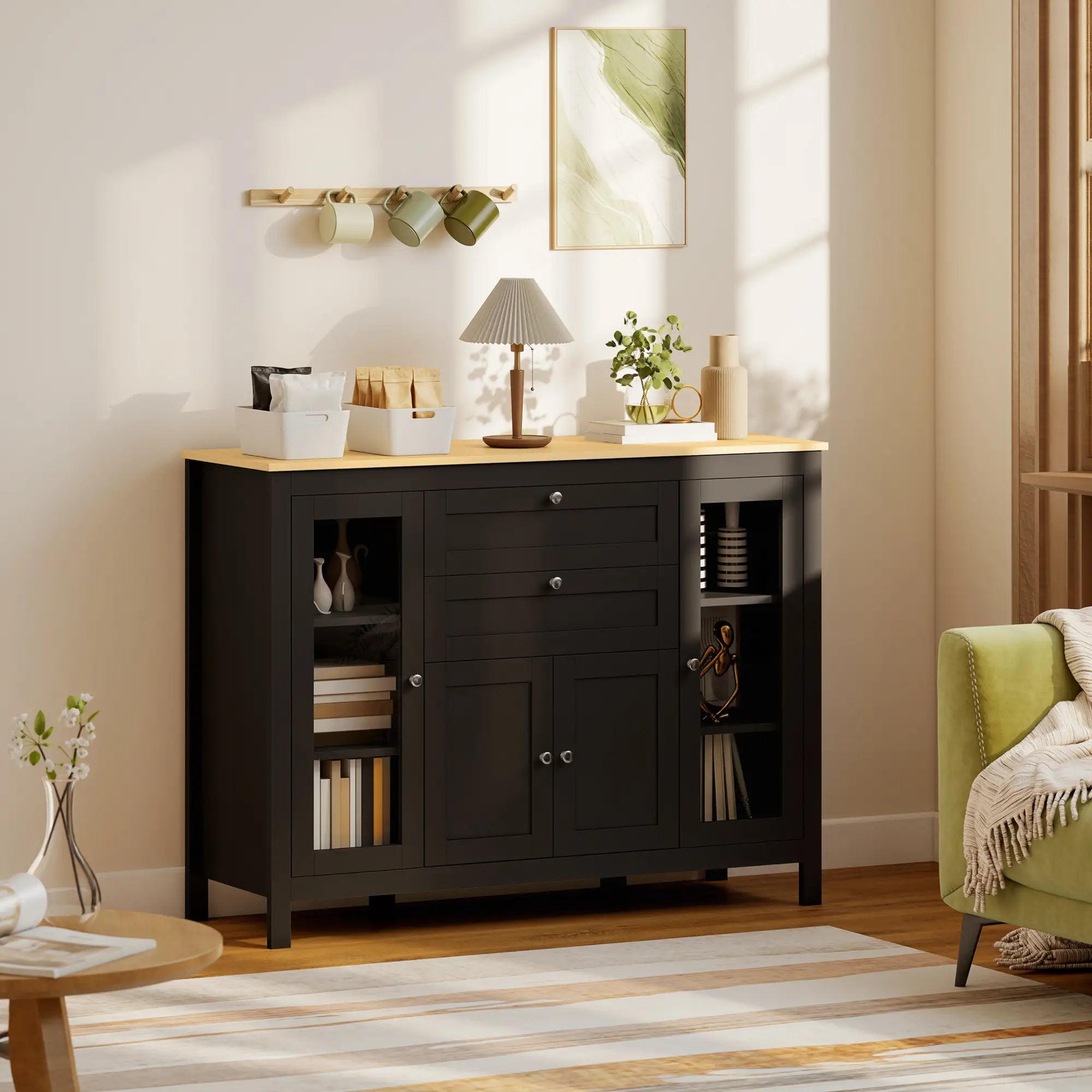 Buffet Cabinet Sideboard, 2 Drawers, 3 Storage Cabinets, Glass Doors, Dark Brown Bar Cabinets at Gallery Canada