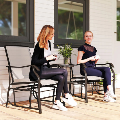 Double Patio Glider Chair With Glass Top Table, Beige