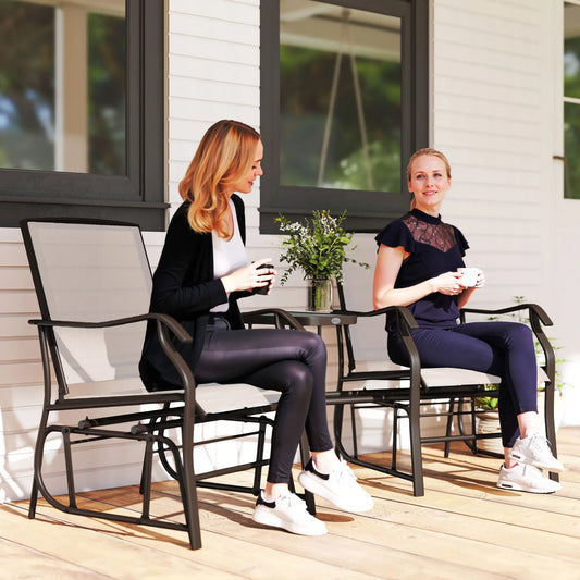 Double Patio Glider Chair With Glass Top Table, Beige