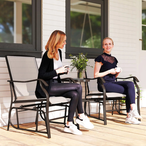 Double Patio Glider Chair With Glass Top Table, Beige