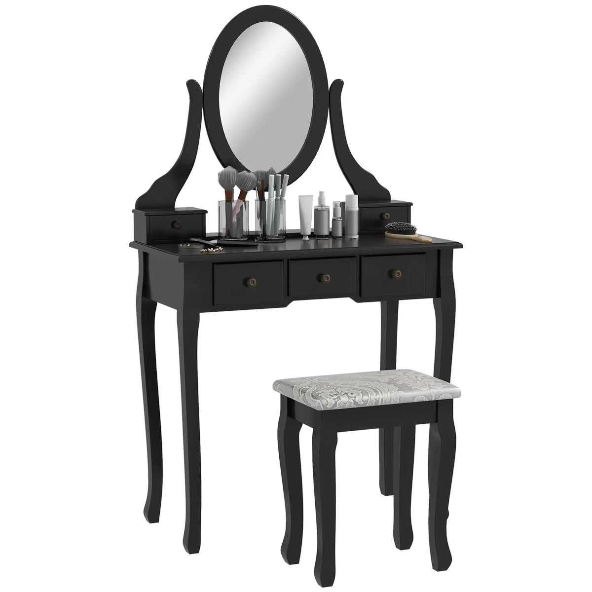 Wooden Vanity Table, 360° Rotating Oval Mirror, 5 Drawers, Padded Stool, Black