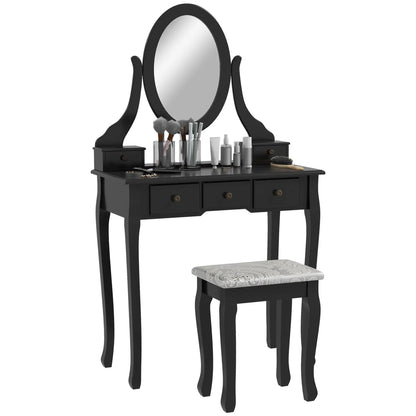 Wooden Vanity Table, 360° Rotating Oval Mirror, 5 Drawers, Padded Stool, Black