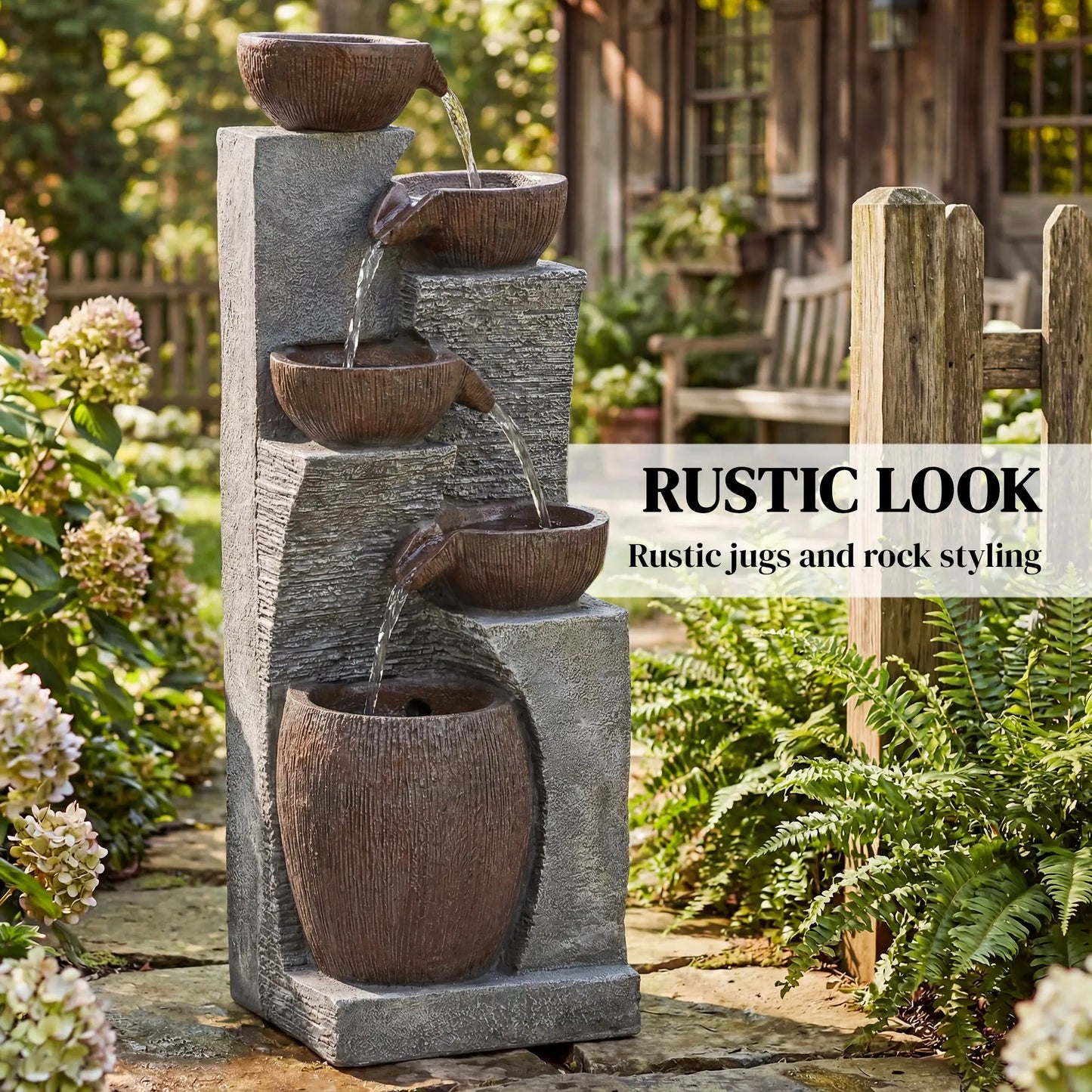 5-Tier Outdoor Water Fountain, Cascading Rock Waterfall, Grey Rustic Brown Water Fountains at Gallery Canada