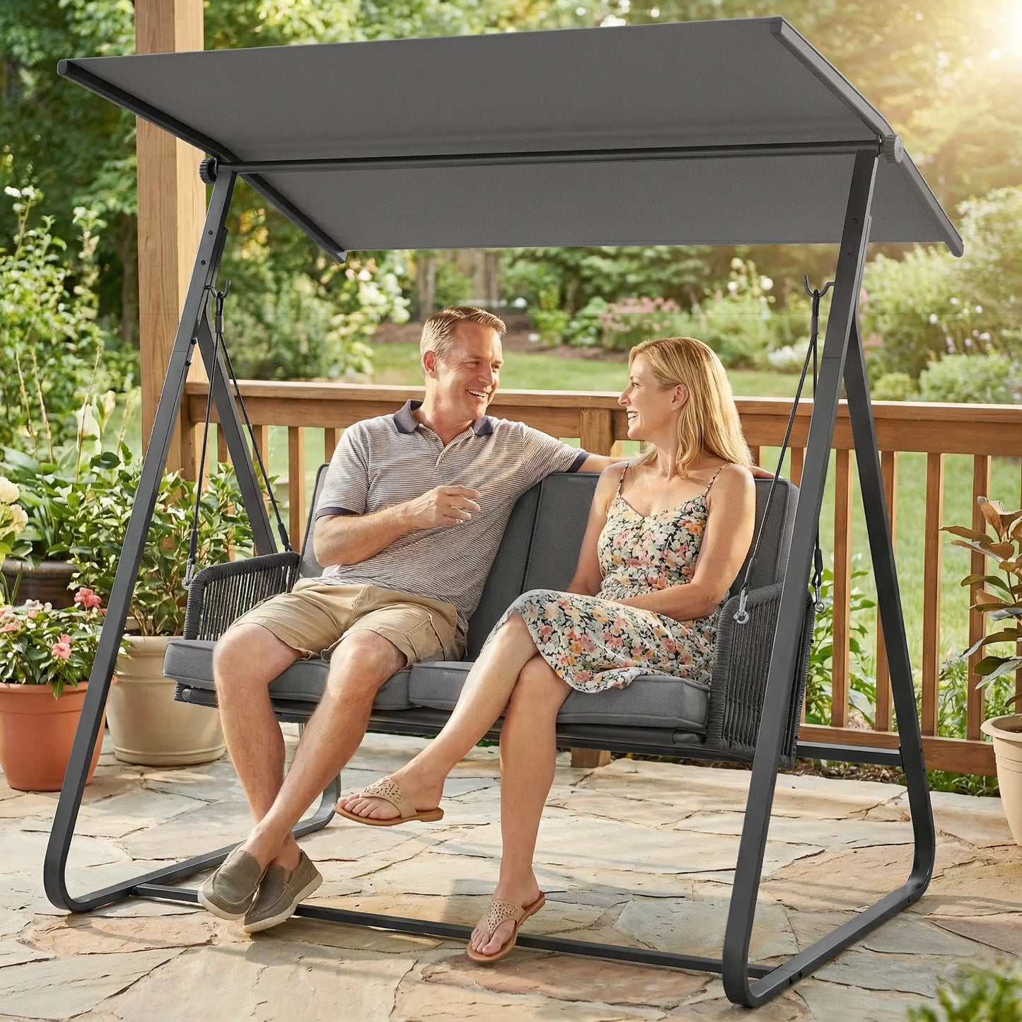 2-Person Outdoor Swing, Adjustable Canopy, Rattan Bench With Cushions Patio Swings with Stand at Gallery Canada