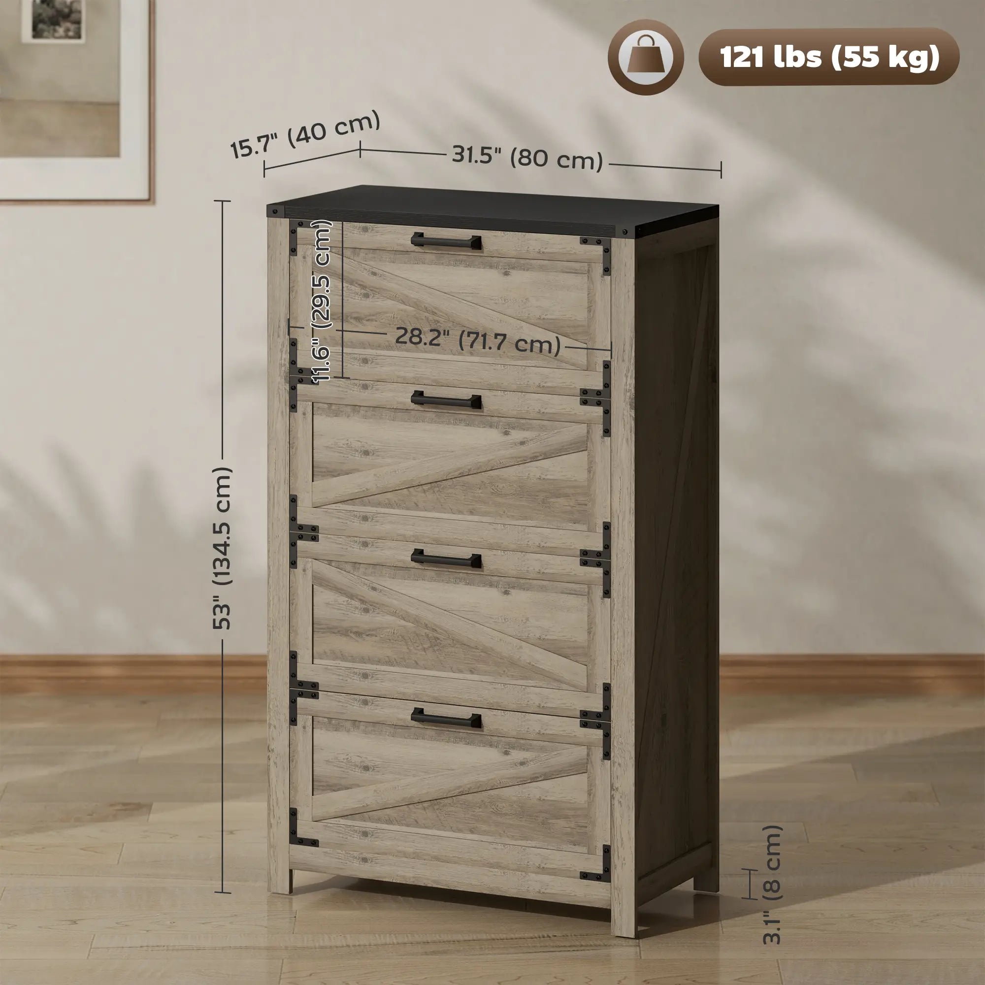 4 Drawer Filing Cabinet, Farmhouse Office Storage, Adjustable Hanging Bars, Letter, A4, Legal Size, Grey Office Cabinets & Cupboards at Gallery Canada