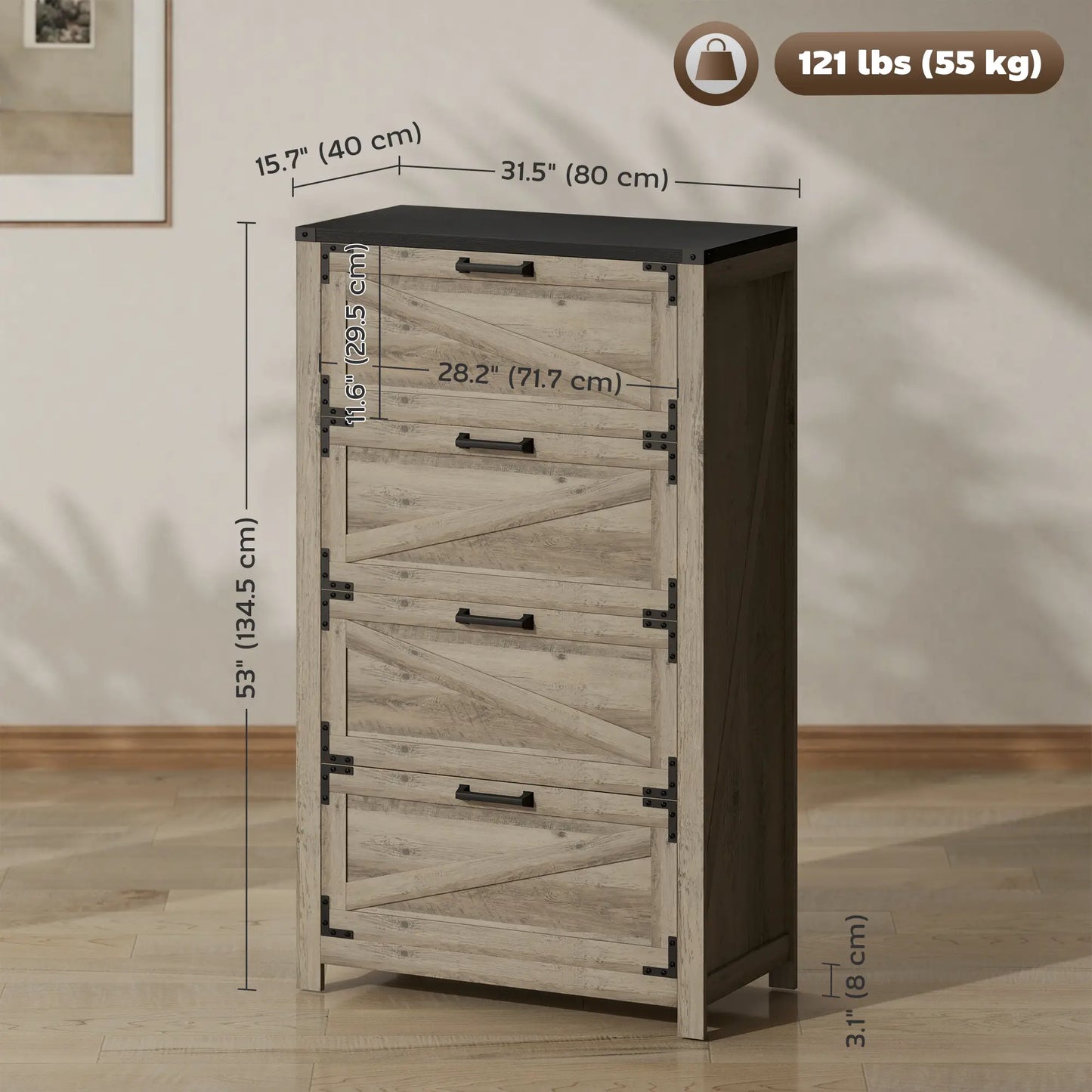 4 Drawer Filing Cabinet, Farmhouse Office Storage, Adjustable Hanging Bars, Letter, A4, Legal Size, Grey Office Cabinets & Cupboards at Gallery Canada