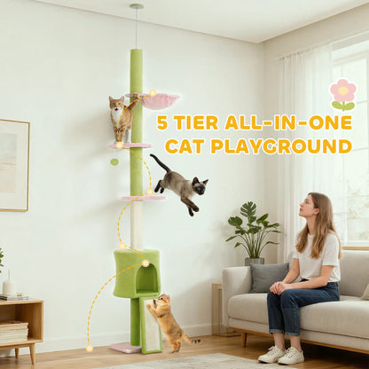 87"-94.5" Cat Tree, Sisal Scratching Post, Condo, Hammock, Ramp, Perches, Green Floor to Ceiling Cat Trees at Gallery Canada