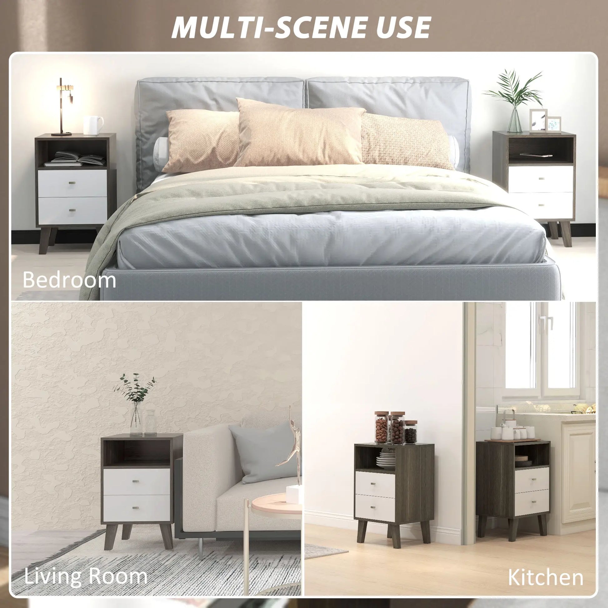 Modern Nightstand Set of 2, 3 Drawers, Open Storage, Grey Bedside Tables at Gallery Canada