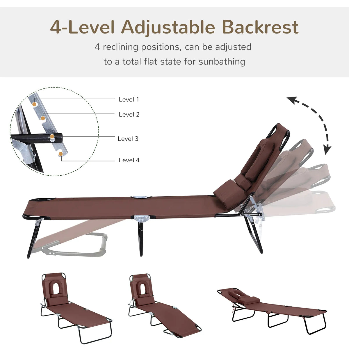 Adjustable Outdoor Lounge Chair, Folding Chaise with Face Hole, Brown