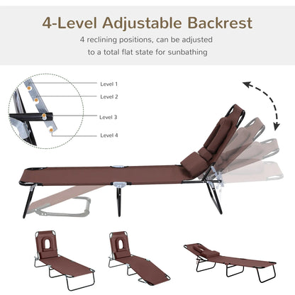 Adjustable Outdoor Lounge Chair, Folding Chaise with Face Hole, Brown