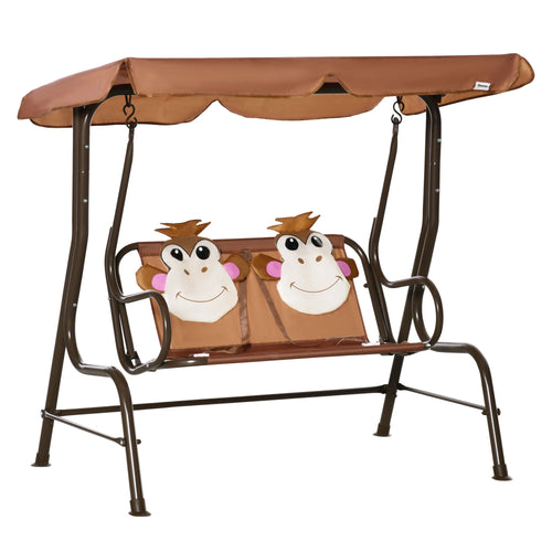 2-Seat Kids Porch Swing, Adjustable Canopy, Seat Belt, Monkey Pattern, 3-6 Years, Coffee