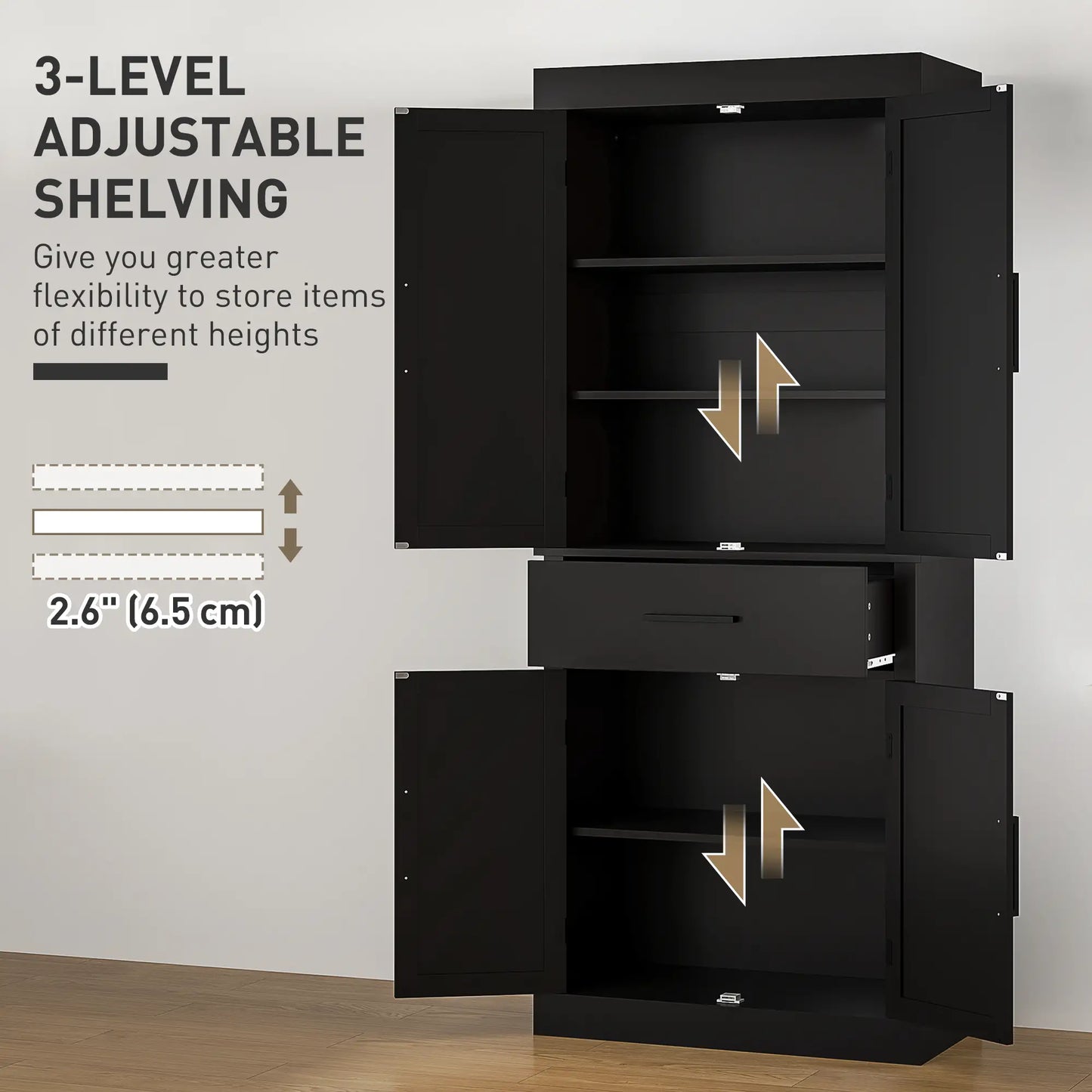 72" Kitchen Storage Cabinet, Farmhouse Pantry, 4 Barn Doors, Drawer, Adjustable Shelves, Black Kitchen Pantry Cabinets at Gallery Canada