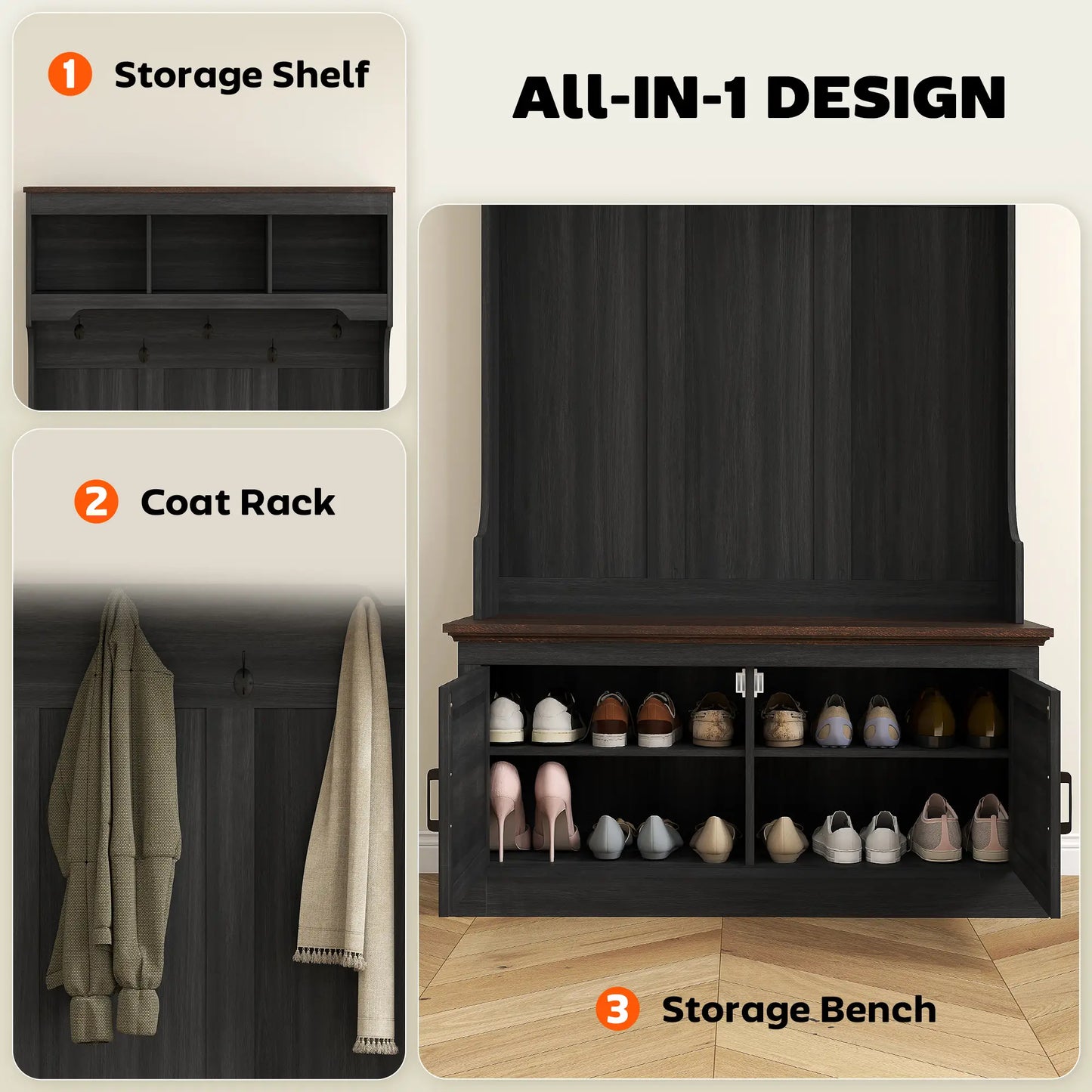 3-in-1 Hall Tree with Bench, Coat Rack, Shoe Storage, Distressed, Black Clothing Storage at Gallery Canada