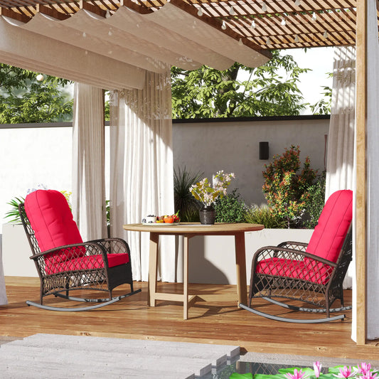 Outdoor Wicker Rattan Rocking Chair Set, Patio Rocker with Cushions, Red Outdoor Rocking Chairs Mixed Brown Rattan, Red Cushion at Gallery Canada