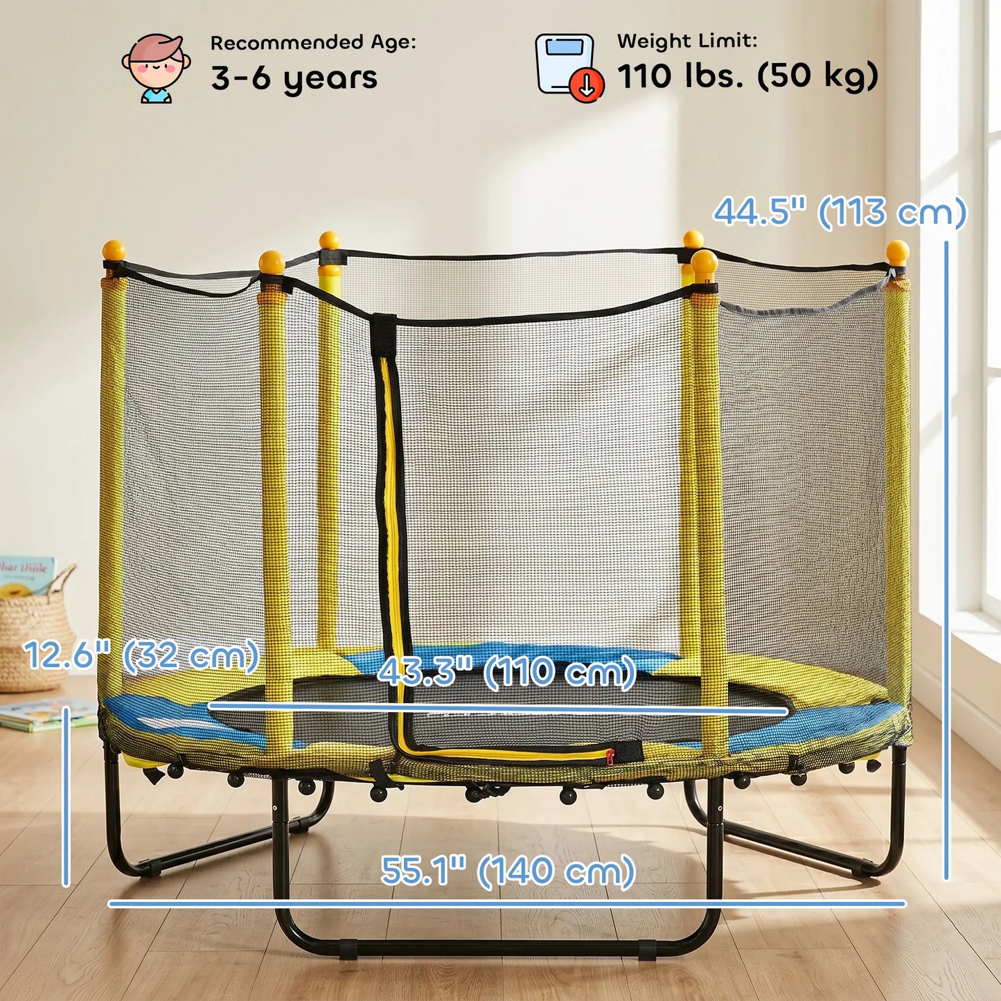 4.6FT Kids Trampoline with Enclosure Net, Indoor Outdoor, Yellow Trampolines at Gallery Canada