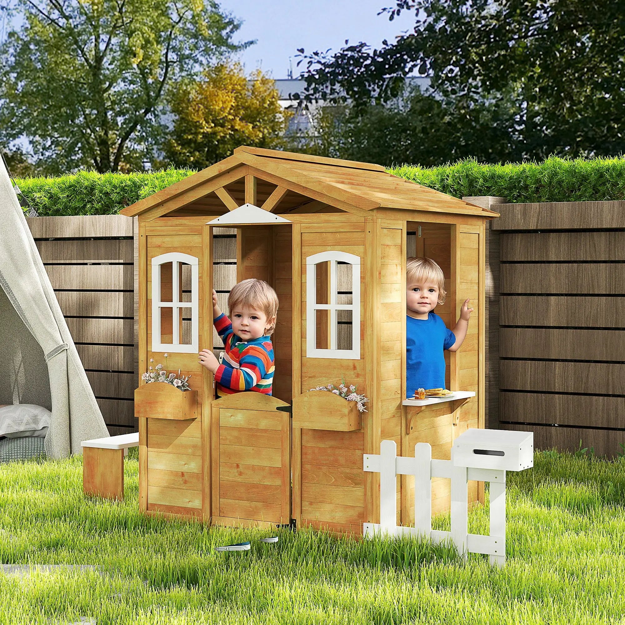 Kids Wooden Playhouse, Door Windows, Mailbox, Flower Pot, Bench, Yellow Play Houses at Gallery Canada