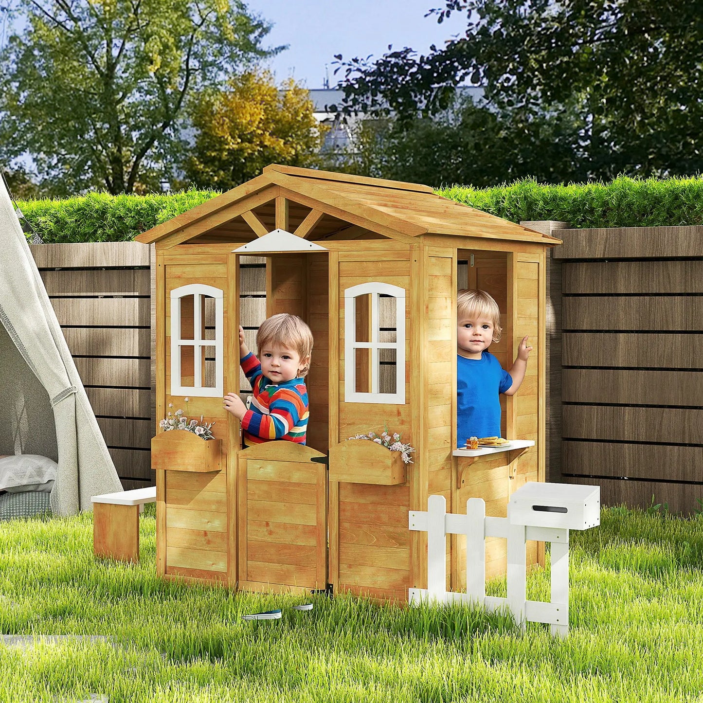 Kids Wooden Playhouse, Door Windows, Mailbox, Flower Pot, Bench, Yellow Play Houses at Gallery Canada