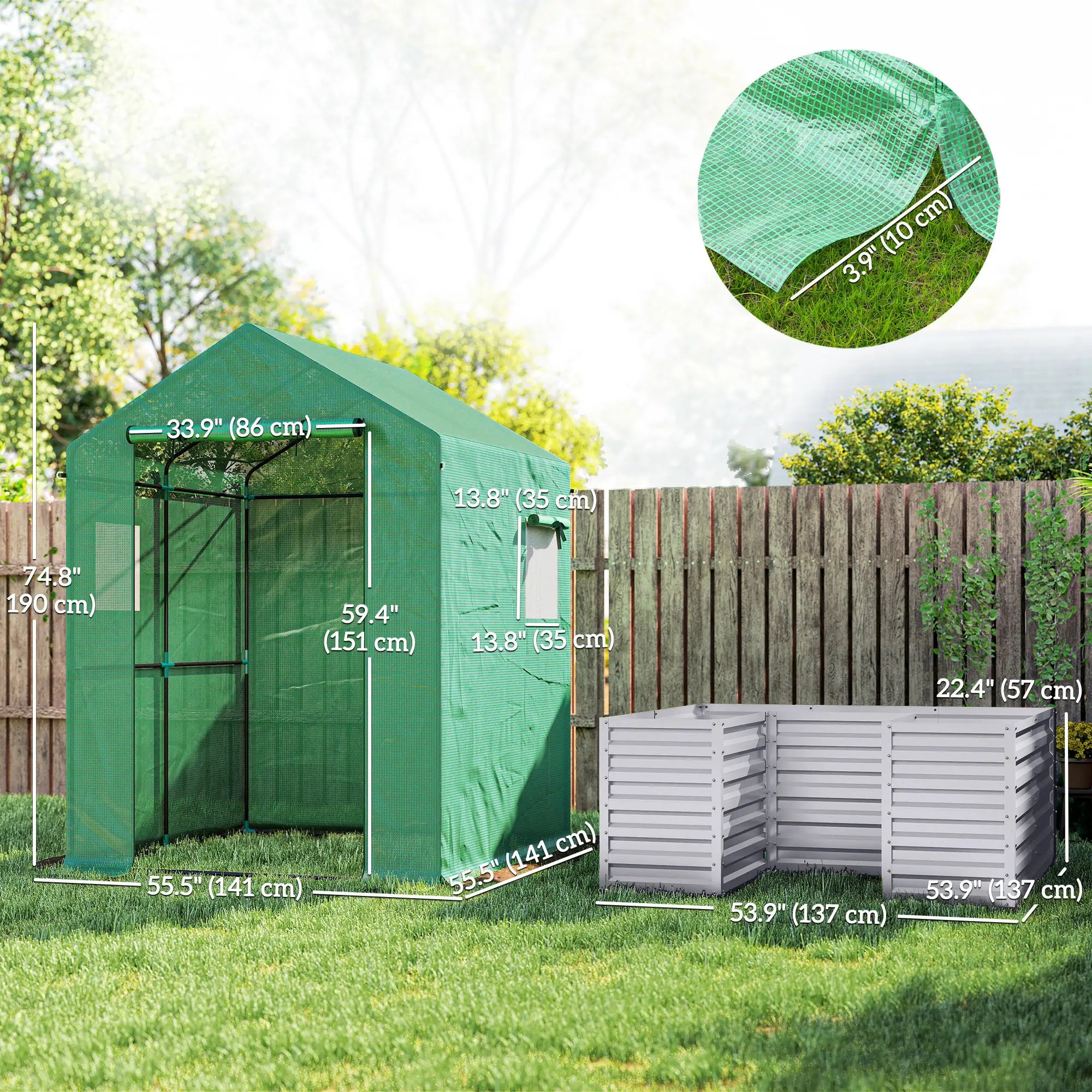 Greenhouse With Raised Garden Bed, Galvanized Metal Planter Box, 56