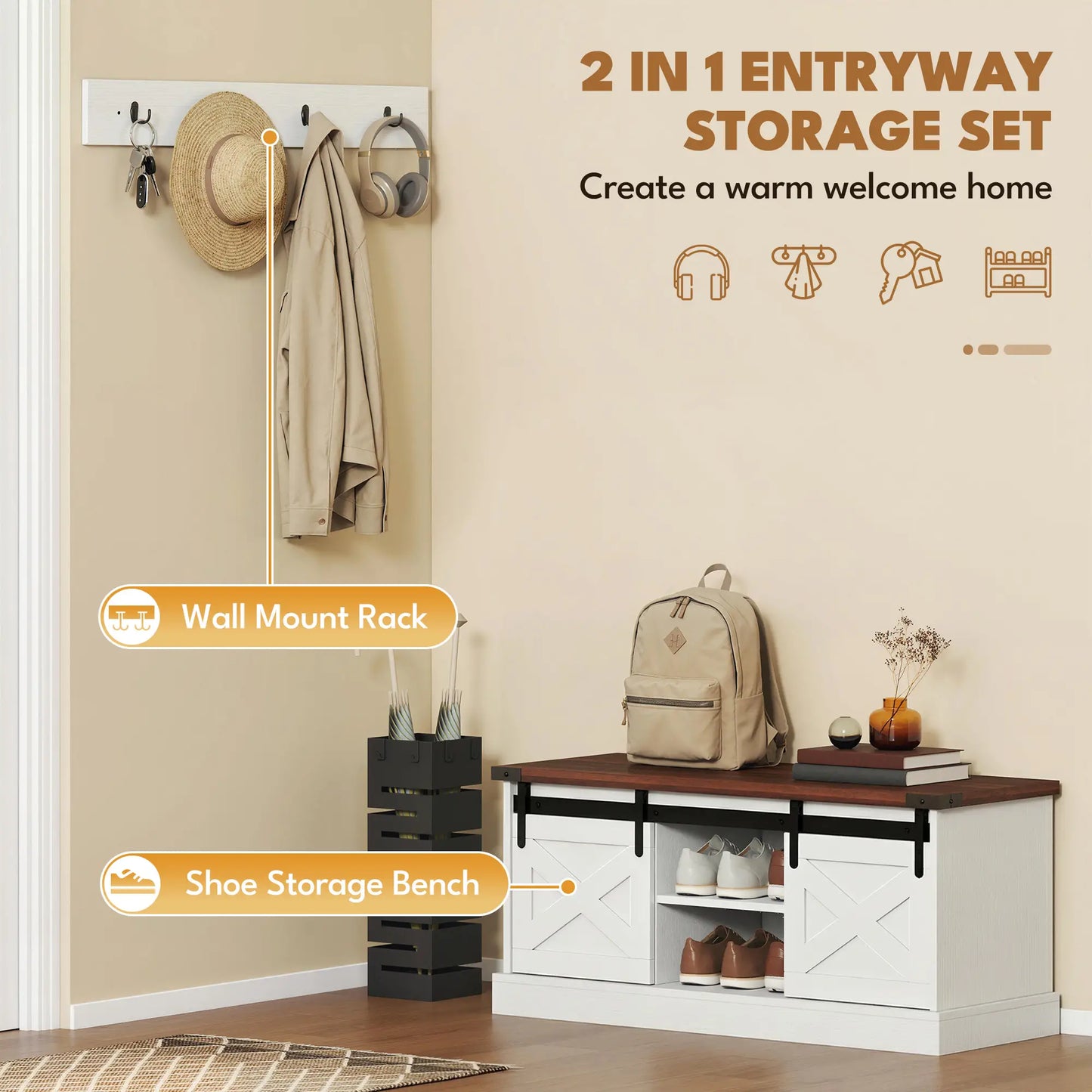 Coat Rack Shoe Bench Set, 2-Piece Hall Tree, White/Dk Walnut Shoe Storage Cabinets & Racks at Gallery Canada
